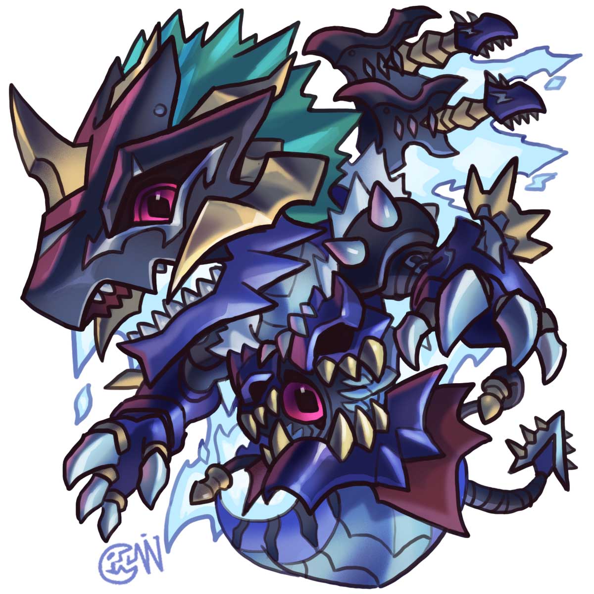 blue_fire chibi colored_skin cwdw digimon digimon_(creature) dragon fire heavymetaldramon highres horns purple_skin red_eyes sharp_teeth simple_background single_horn solo teeth third_eye white_background