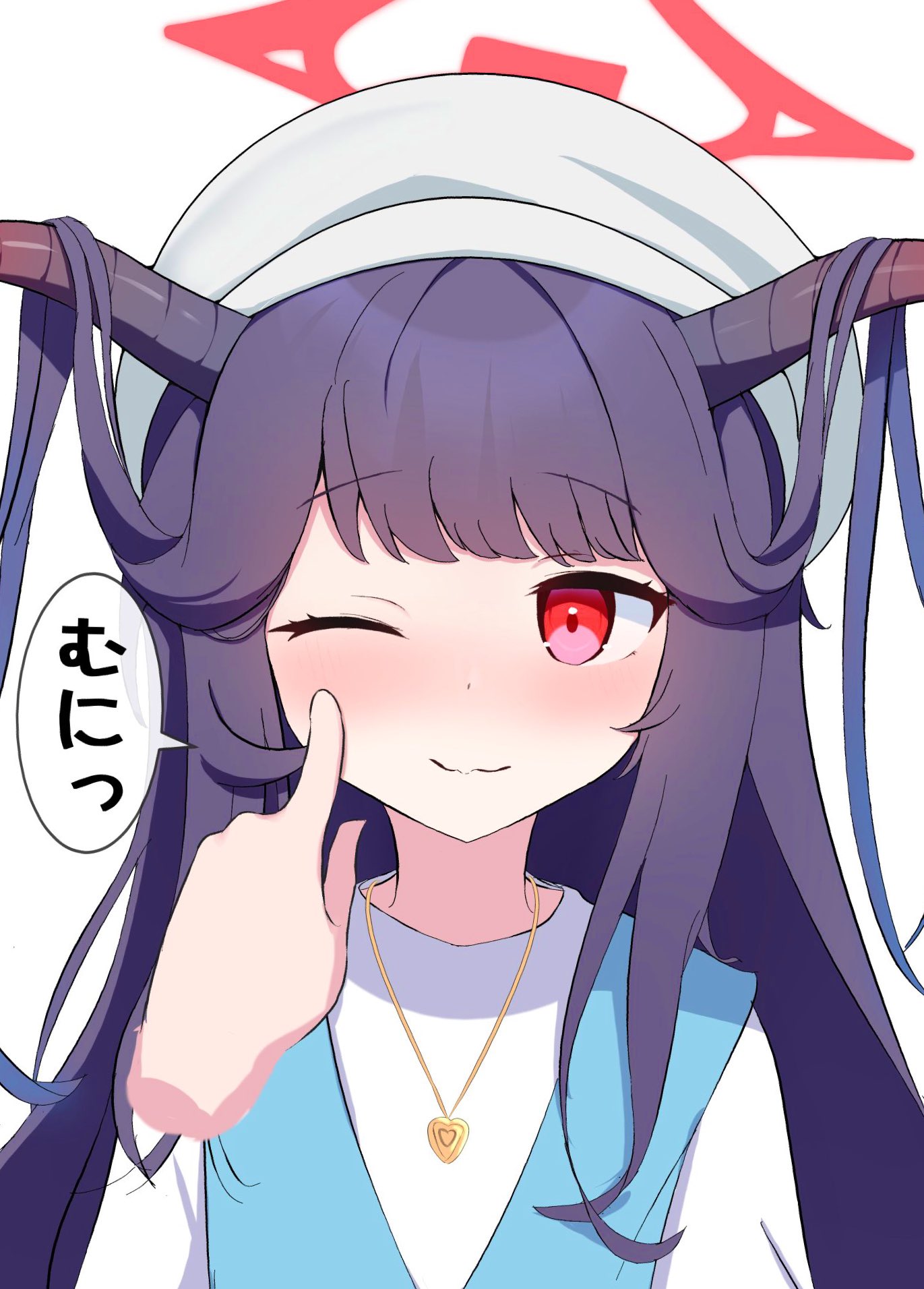 1girl 1other ;) beret black_hair black_horns blue_archive blunt_bangs blush casual cheek_poking closed_mouth commentary demon_girl demon_horns disembodied_hand finger_to_another's_cheek fuuka_(blue_archive) fuuka_(casual)_(blue_archive) hair_down hair_on_horn halo happy hat heart_pendant highres horns iggy@cafe index_finger_raised long_hair looking_at_another official_alternate_costume official_alternate_hairstyle one_eye_closed poking portrait pov pov_hands red_eyes red_halo shirt simple_background smile solo_focus speech_bubble spoken_sound_effect white_background white_hat white_shirt