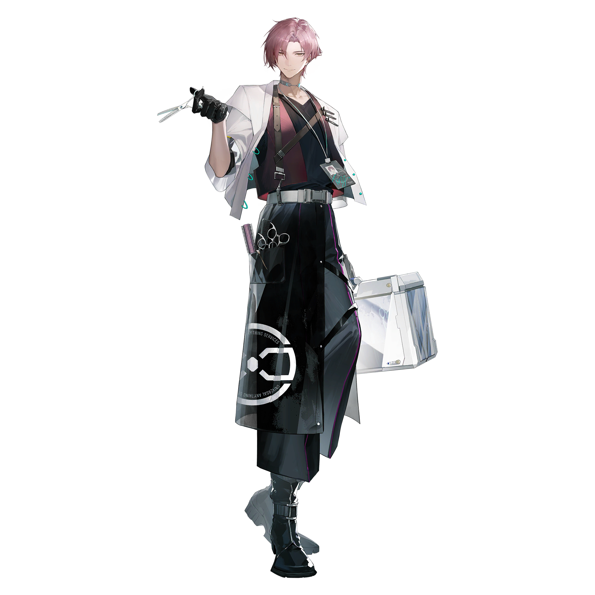 1boy apron barber black_apron black_boots black_gloves black_pants black_shirt boots briefcase damingshimingyan full_body game_cg girls'_frontline girls'_frontline_neural_cloud gloves hair_curl highres holding holding_briefcase jacket lanyard looking_at_viewer official_art pants pink_hair red_vest scissors shirt solo standing third-party_source tony_(neural_cloud) transparent_background vest white_jacket