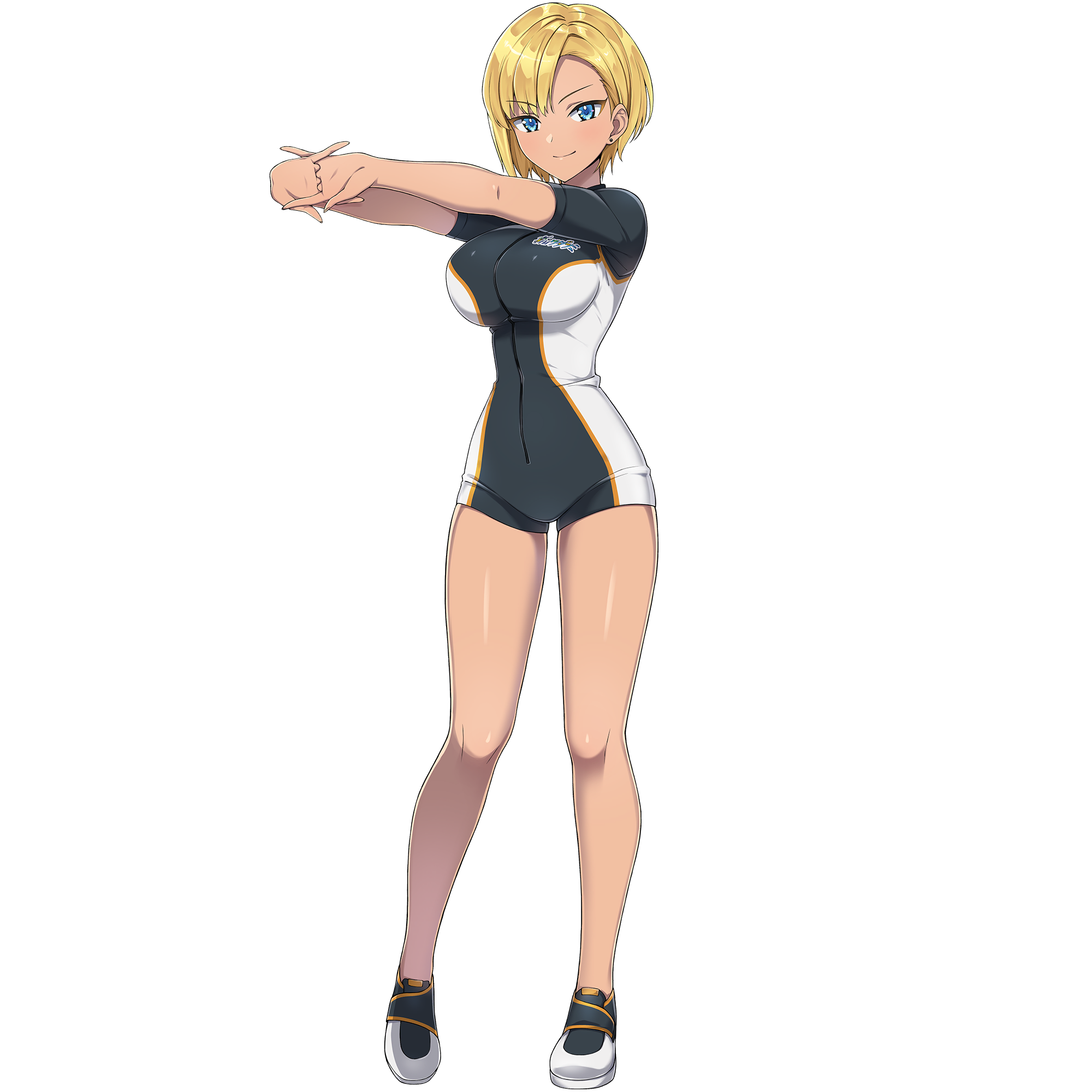 1girl blonde_hair blue_eyes bodysuit breasts closed_mouth dark-skinned_female dark_skin diving_suit dolphin_wave dutch_angle earrings game_cg highres interlocked_fingers jewelry large_breasts looking_at_viewer murahaya_mashio non-web_source official_art ootomo_takuji shoes short_hair smile solo stretching swept_bangs tan thigh_gap transparent_background wetsuit