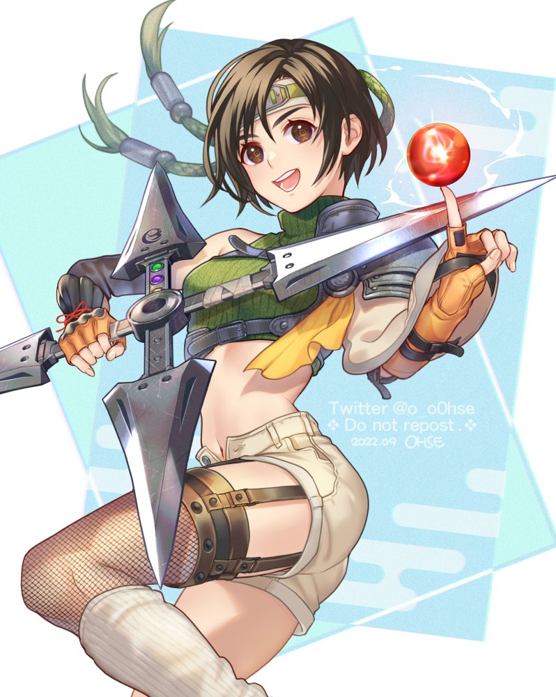 1girl arm_guards armor asymmetrical_legwear bare_shoulders black_hair breasts brown_eyes chest_strap crop_top feet_out_of_frame fighting_stance final_fantasy final_fantasy_vii final_fantasy_vii_remake fingerless_gloves fishnet_thighhighs fishnets gloves green_shirt grey_shorts hair_between_eyes headband holding_shuriken holding_weapon leg_warmers looking_at_viewer lower_teeth_only materia midriff navel ninja_(final_fantasy) ohse open_fly open_mouth orange_gloves ribbon shirt short_hair shorts shoulder_armor shuriken sleeveless sleeveless_turtleneck small_breasts smile solo square_enix teeth thighhighs turtleneck upper_teeth_only yellow_ribbon yuffie_kisaragi