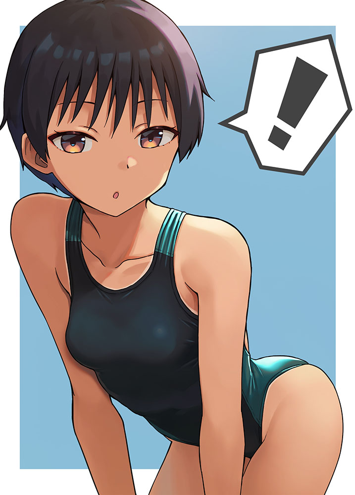 ! 1girl black_hair black_one-piece_swimsuit blue_background border breasts brown_eyes commentary_request competition_swimsuit hashi one-piece_swimsuit original outside_border short_hair small_breasts solo spoken_exclamation_mark swimsuit tan tanline tomboy two-tone_background two-tone_swimsuit white_border