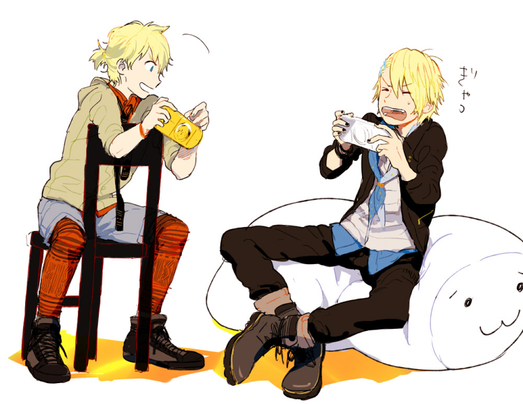2boys black_jacket black_pants blonde_hair blue_eyes blue_neckerchief brown_footwear brown_jacket check_copyright closed_eyes copyright_request hair_between_eyes handheld_game_console holding holding_handheld_game_console jacket kurusu_shou male_focus mitosa multiple_boys neckerchief on_chair open_mouth pants pantyhose playstation_portable ponytail red_pantyhose shinomiya_natsuki_(uta_no_prince-sama) short_hair short_ponytail sitting translation_request uta_no_prince-sama white_background