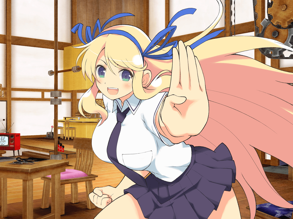 1girl :d architecture blonde_hair blue_necktie blue_ribbon blush breast_pocket breasts chair clenched_hands crt east_asian_architecture fighting_stance green_eyes hair_ribbon hanzou_academy_school_uniform indoors katsuragi_(senran_kagura) large_breasts long_hair looking_at_viewer miniskirt necktie ninto_(senran_kagura) official_art open_mouth pleated_skirt pocket ribbon school_uniform senran_kagura senran_kagura_new_link senran_kagura_shoujo-tachi_no_shin&#039;ei shirt short_sleeves shouji sidelocks skirt sliding_doors smile smirk solo table teeth television upper_teeth_only very_long_hair white_shirt wooden_floor yaegashi_nan