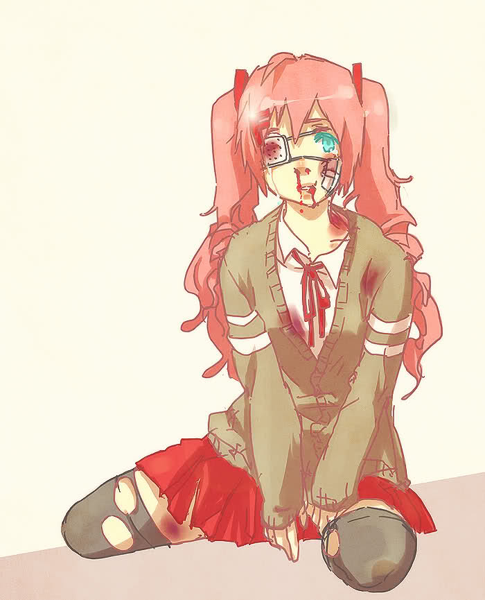 bandages beaten blood bruise domestic_violence drill_hair eyepatch fakku green_eyes injury momoka_(fakku) pink_hair rolling_girl_(vocaloid) school_uniform thighhighs torn_clothes torn_legwear twin_drills vocaloid
