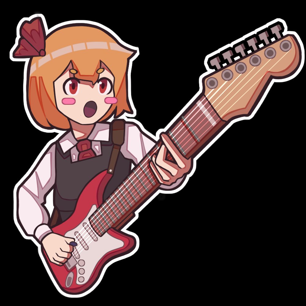 1girl :o ascot black_vest blonde_hair blush_stickers bow collared_shirt commentary cookie_(touhou) electric_guitar english_commentary guitar hair_bow holding holding_guitar holding_instrument instrument long_sleeves nadeko_(cookie) open_mouth playing_guitar playing_instrument polyreon red_ascot red_bow red_eyes rumia shirt short_hair simple_background solo touhou upper_body v-shaped_eyebrows vest white_shirt