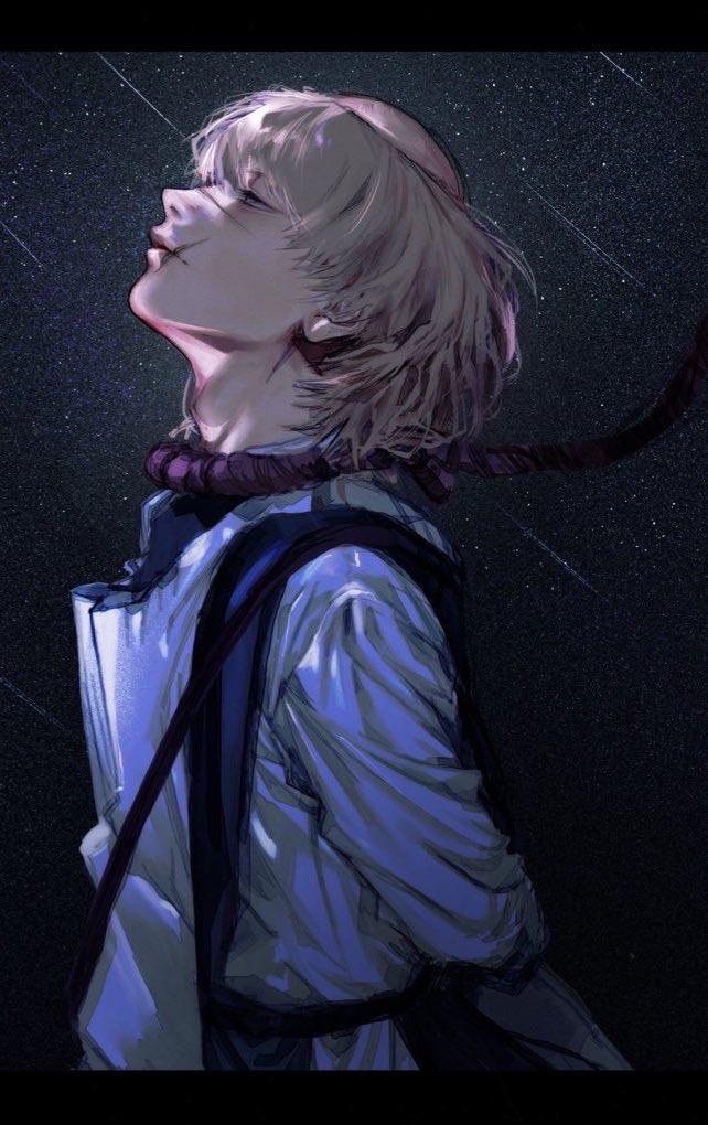 1boy arms_behind_back badeni blonde_hair chi.:_chikyuu_no_undou_ni_tsuite cowboy_shot from_side gorigoriuhoho3 half-closed_eyes looking_up male_focus medium_hair monk night night_sky noose scar scar_on_face scar_on_mouth scar_on_nose shooting_star sky solo spoilers star_(sky) starry_sky tonsure tunic white_tunic