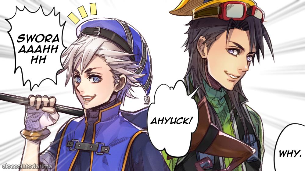 2boys artist_name black_hair blue_eyes blue_headwear cioccolatodorima donald_duck emphasis_lines english_text gloves goofy green_shirt grey_eyes hat kingdom_hearts long_hair looking_at_viewer male_focus mickey_mouse_&amp;_friends multiple_boys nomura_tetsuya_(style) personification ribbed_sweater shirt short_sleeves silver_hair staff sweater turtleneck white_gloves