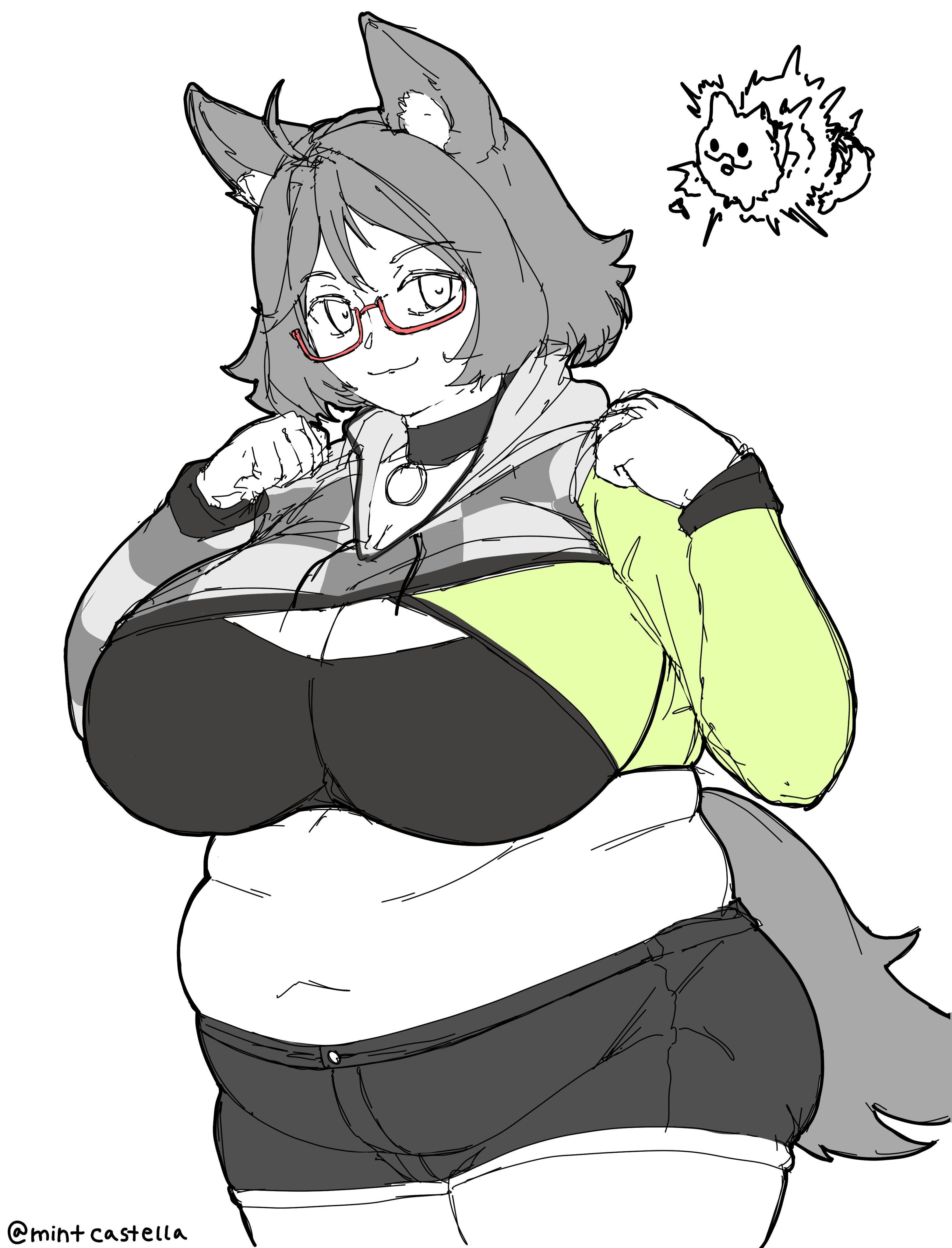 1girl absurdres ahoge animal_ear_fluff animal_ears belly breasts character_name cleavage clenched_hands closed_mouth commentary cowboy_shot dog_girl english_commentary fat fat_woman glasses highres hood hoodie huge_breasts indie_virtual_youtuber long_sleeves looking_at_viewer massgrave_art medium_hair mint_castella mint_castella_(1st_costume) navel red-framed_eyewear semi-rimless_eyewear short_shorts shorts simple_background solo tail thighs virtual_youtuber white_background