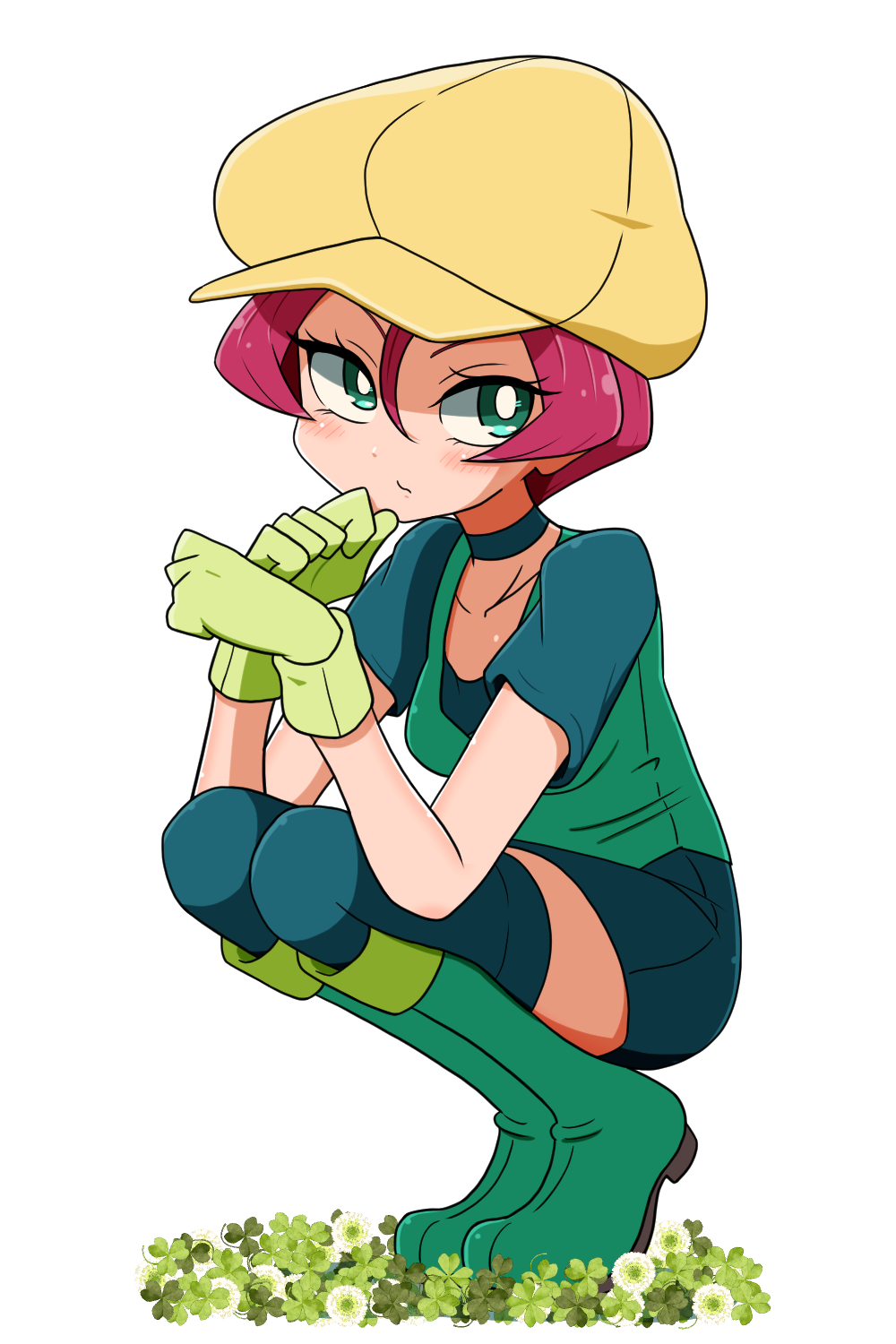 1girl breasts choker full_body game_freak georgia_(pokemon) gloves green_eyes green_footwear green_gloves green_vest hair_between_eyes hat highres mori_hayaki nintendo pokemon pokemon_(anime) pokemon_bw_(anime) red_hair short_hair short_sleeves simple_background small_breasts solo squatting thighhighs vest white_background yellow_hat zettai_ryouiki