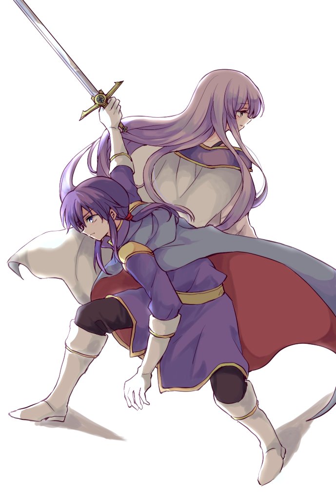 1boy 1girl blue_hair boots brother_and_sister cape fire_emblem fire_emblem:_genealogy_of_the_holy_war gloves headband holding holding_sword holding_weapon julia_(fire_emblem) kitano_373 long_hair nintendo seliph_(fire_emblem) siblings smile sword weapon white_hair