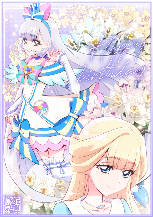 1girl aqua_hairband artist_logo blonde_hair blue_choker blue_crown blue_dress blue_eyes blue_hairband bow bow_legwear brooch choker closed_mouth collarbone crown crown_earrings cure_nyammy dress dress_bow earrings floral_background frilled_wrist_cuffs frills hair_bow hair_ornament hairband happy_birthday heart heart_brooch jewelry kamikita_futago logo long_hair looking_at_viewer magical_girl mini_crown multicolored_bow nekoyashiki_yuki pact_holder pointed_crown precure shiny_cats_pact smile stamp_mark tareme thighhighs white_arm_warmers white_dress white_hair white_lily white_thighhighs wonderful_precure! wrist_cuffs