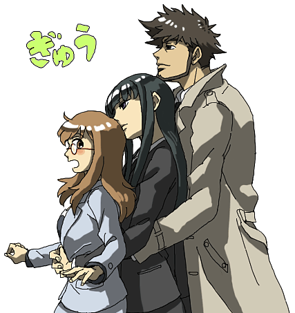 bad_id bad_pixiv_id black_hair blush brown_hair coat darker_than_black formal_clothes glasses hazuki_mina_(darker_than_black) hug hug_from_behind long_hair lowres monogusare necktie open_mouth sawasaki_youko shizume_genma standing suit