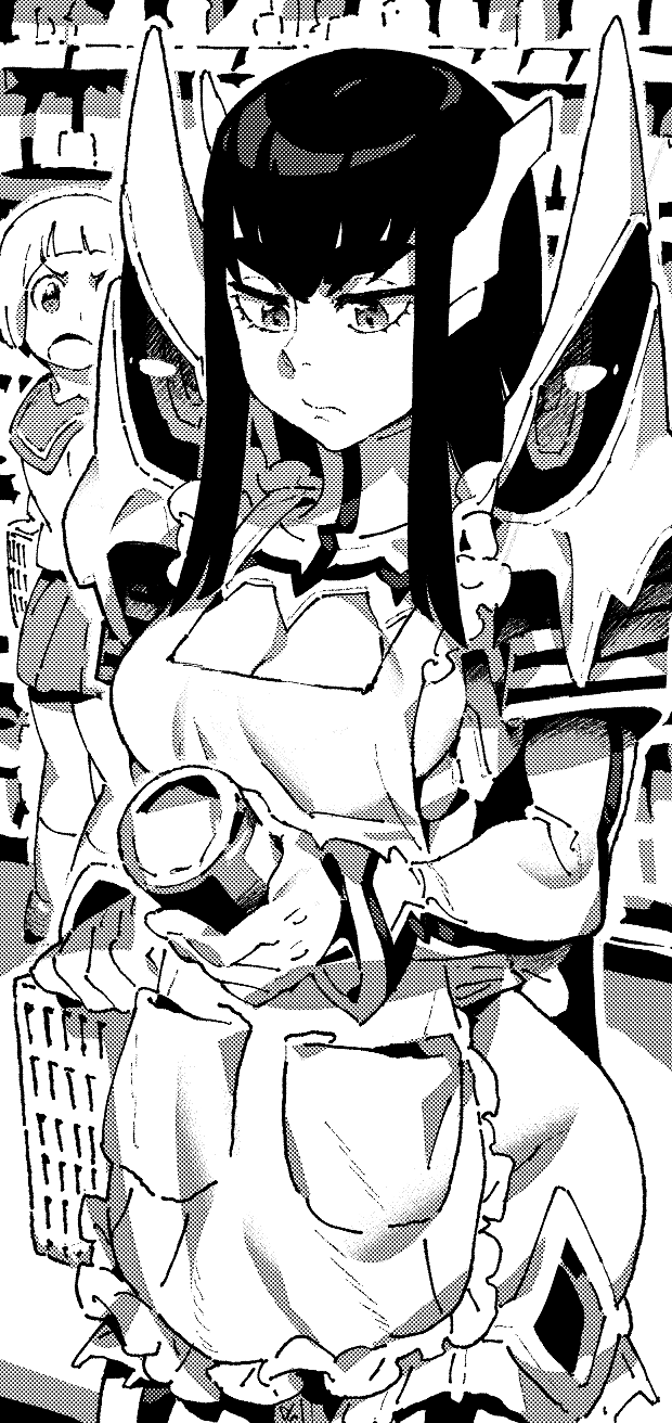 2girls apron breasts can cleavage closed_mouth cowboy_shot frilled_apron frills greyscale highres holding holding_can ireading junketsu kill_la_kill kiryuuin_satsuki large_breasts long_hair long_sleeves looking_down mankanshoku_mako monochrome multiple_girls open_mouth sailor_collar school_uniform shirt shopping_basket short_hair skirt solo_focus standing supermarket thick_eyebrows v-shaped_eyebrows very_long_hair