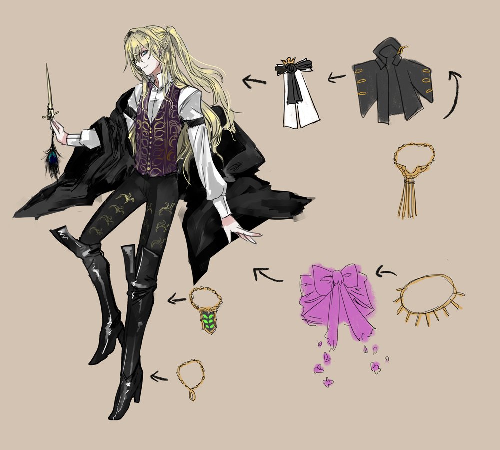 1boy black_boots black_pants blue_eyes boots fate/grand_order fate_(series) green_eyes jewelry long_hair long_sleeves looking_at_viewer male_focus necklace official_art pants pfalz ponytail reference_sheet smile thigh_boots wolfgang_amadeus_mozart_(fate) wolfgang_amadeus_mozart_(tour_outfit)_(fate)