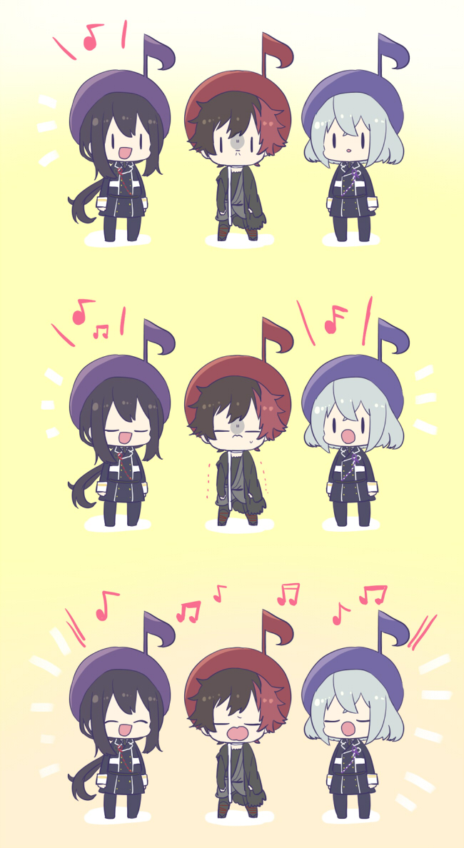 3boys :d :o ^_^ annoyed arms_at_sides black_jacket bob_cut boots buttons chibi closed_eyes double-breasted facing_viewer fortissimo frown gloom_(expression) goma_sodapop grey_hair hair_ornament happy hizen_tadahiro honebami_toushirou jacket lineup long_hair long_sleeves looking_at_viewer male_focus multicolored_hair multiple_boys music musical_note musical_note_hair_ornament namazuo_toushirou open_mouth outline pants ponytail purple_jacket purple_pants red_hair short_hair simple_background singing smile standing touken_ranbu trembling two-tone_hair very_long_hair white_outline yellow_background