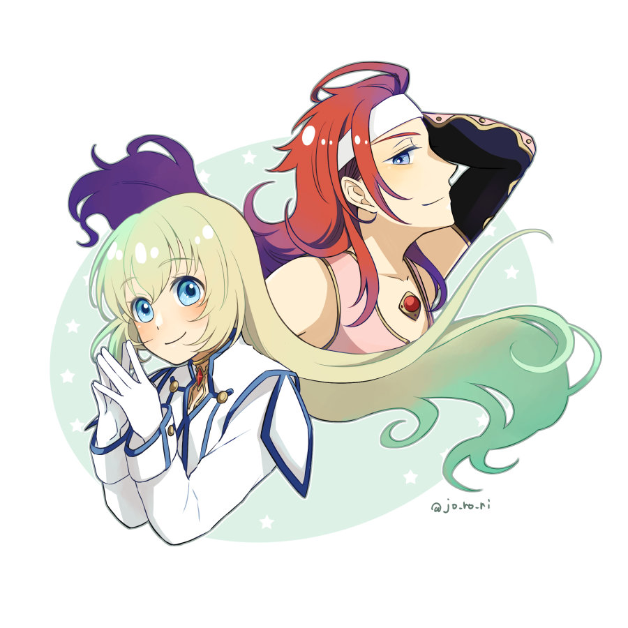 1boy 1girl bare_shoulders black_sleeves blonde_hair blue_eyes border chest_jewel closed_mouth colette_brunel cropped_torso detached_sleeves gem gloves hand_in_own_hair headband jacket jo_ro_ri light_blush long_hair own_hands_together pink_vest red_gemstone red_hair smile tales_of_(series) tales_of_symphonia twitter_username upper_body vest white_border white_gloves white_headband white_jacket zelos_wilder