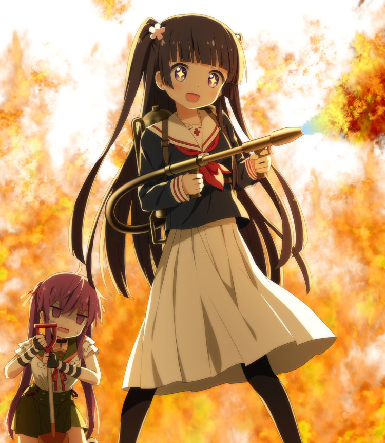 +_+ 10s 2girls :d black_hair blunt_bangs blush company_connection crossover ebisuzawa_kurumi empty_eyes envy fingerless_gloves flamethrower flower gakkou_gurashi! gloves goribote gradient_background hair_ornament hokuto_no_ken kohashi_wakaba long_hair manga_time_kirara multiple_girls nintendo open_mouth ozawa_ari pantyhose purple_eyes purple_hair school_uniform season_connection serafuku shovel skirt smile splatoon_(series) splatoon_1 star-shaped_pupils star_(symbol) sweatdrop symbol-shaped_pupils twintails two_side_up type_100_flamethrower type_93_flamethrower voice_actor_connection wakaba_girl wavy_mouth weapon worktool