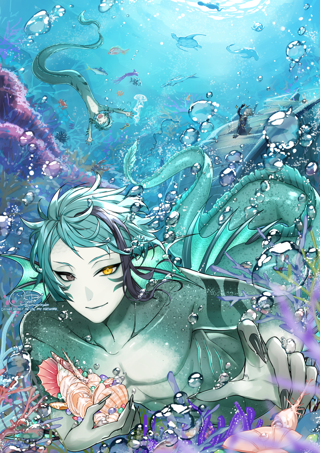 3boys air_bubble alternate_form animal artist_name azul_ashengrotto blue_background blue_hair blue_skin brothers bubble closed_mouth colored_skin commentary conch coral coral_reef eel_boy fingernails fins fish floyd_leech full_body gills green_eyes head_fins heterochromia highres holding holding_shell jade_leech jellyfish looking_at_viewer male_focus mitsunari_miyako monster_boy multicolored_hair multiple_boys nude sea_turtle seashell sharp_fingernails shell shipwreck short_hair siblings signature smile squid streaked_hair swimming symbol-only_commentary turtle twins twisted_wonderland underwater yellow_eyes