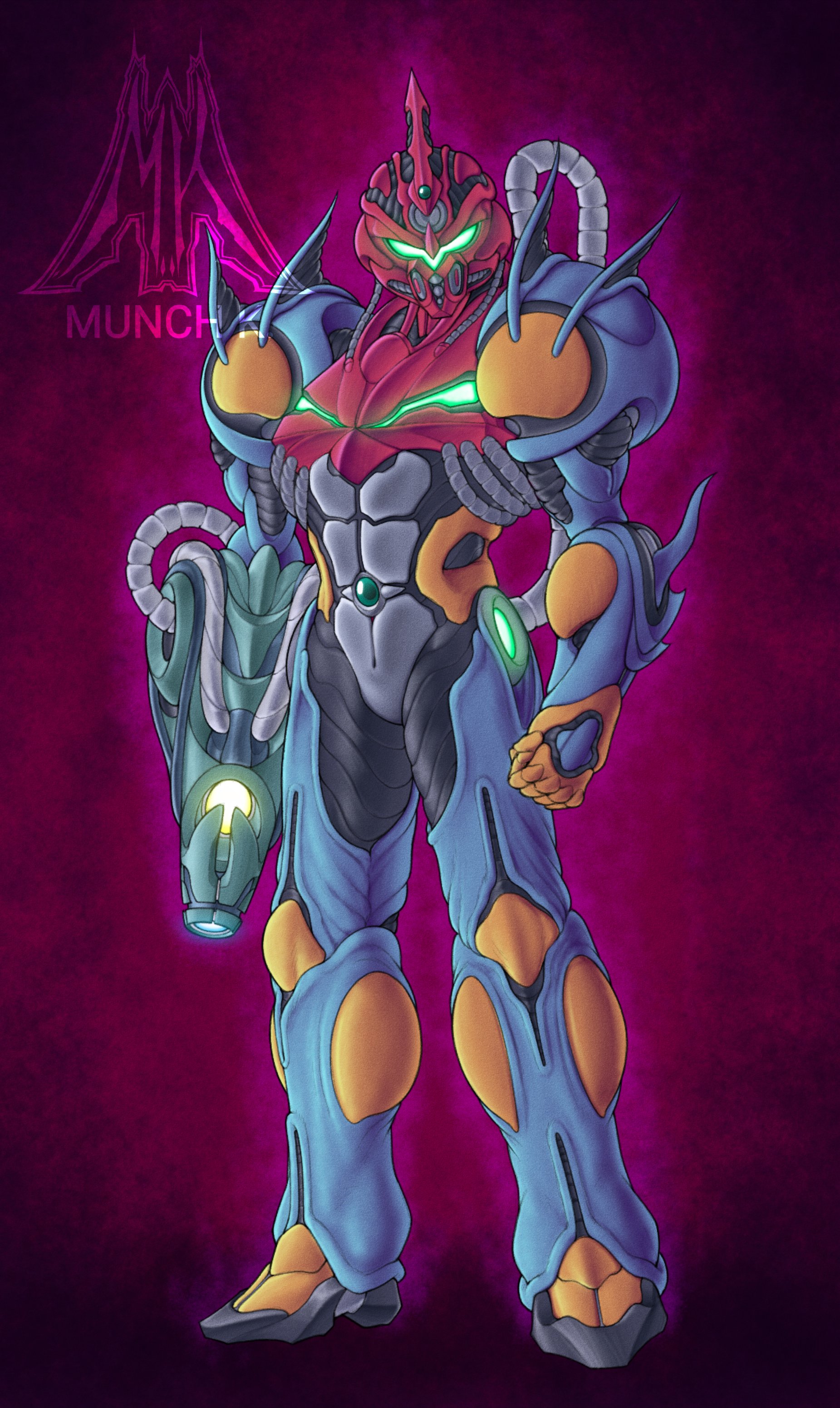 1girl absurdres arm_cannon armor artist_logo artist_name biomechanical blue_armor blue_light clenched_hand commentary crossover english_commentary facing_viewer full_body fusion gem green_gemstone green_light green_visor guyver_i highres horns hose kyoushoku_soukou_guyver logo mechanical_horns metroid multicolored_armor munch_k nintendo pauldrons power_armor power_suit power_suit_(metroid) purple_background red_armor samus_aran science_fiction shoulder_armor single_horn solo visor_(armor) weapon yellow_armor yellow_light