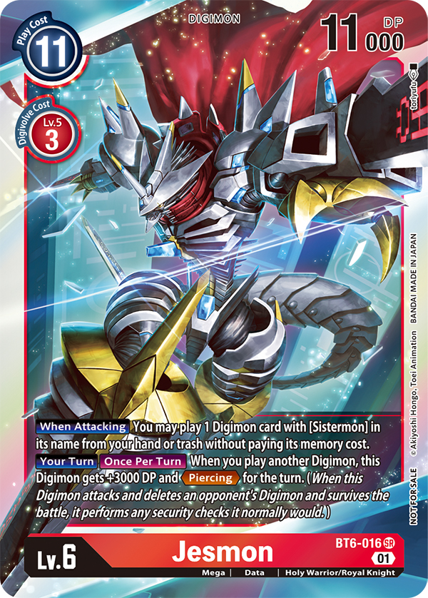 arm_blade artist_name border cape card_(medium) character_name commentary_request copyright_name digimon digimon_(creature) digimon_card_game english_text horns jesmon official_art red_cape single_horn solo sword tory_youf trading_card weapon