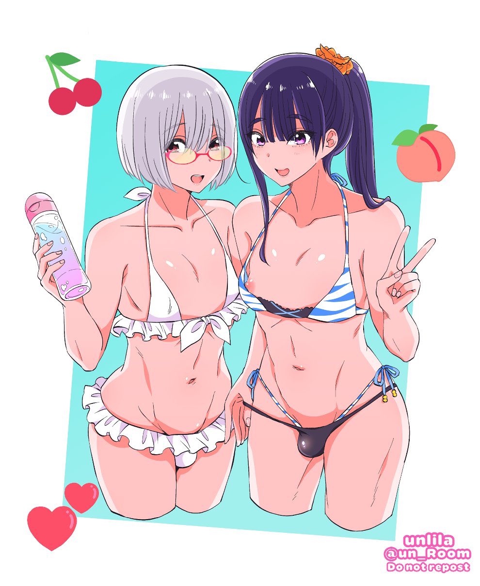2boys bikini blue_hair bulge cosplay crossdressing frilled_bikini frills glasses gridman_universe highres long_hair male_focus multiple_boys nagano_rira nipple_slip nipples ponytail purple_eyes shinjou_akane shinjou_akane_(cosplay) short_hair silver_hair ssss.gridman swimsuit takarada_rikka takarada_rikka_(cosplay) trap v wardrobe_malfunction white_bikini