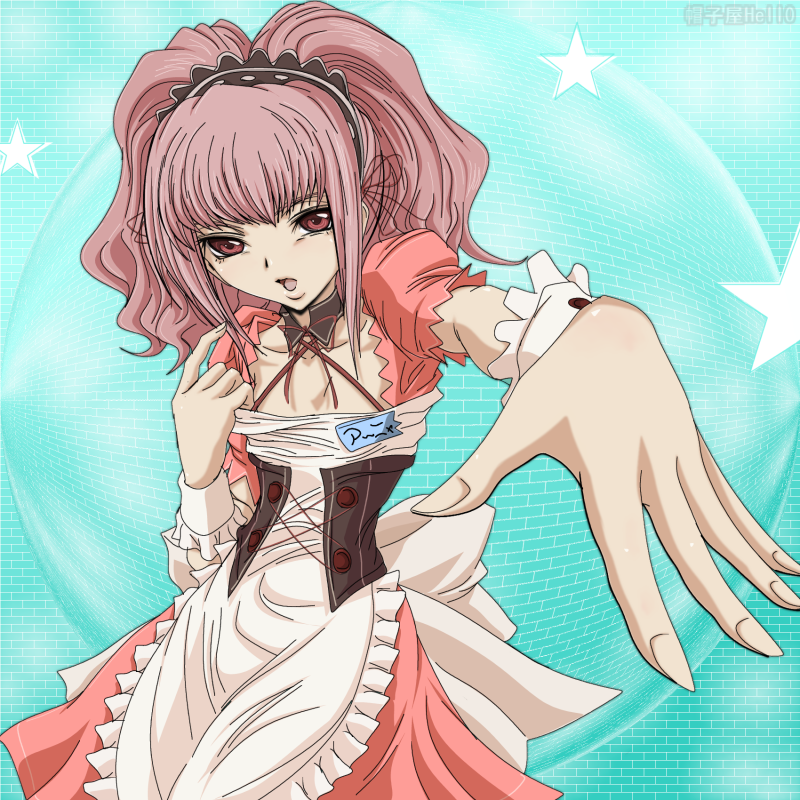 1girl anya_alstreim asahina_mikuru asahina_mikuru_(cosplay) code_geass corset cosplay female_focus gotou_yuuko pink_hair red_eyes solo stephanie_sheh suzumiya_haruhi_no_yuuutsu voice_actor_connection waitress wrist_cuffs