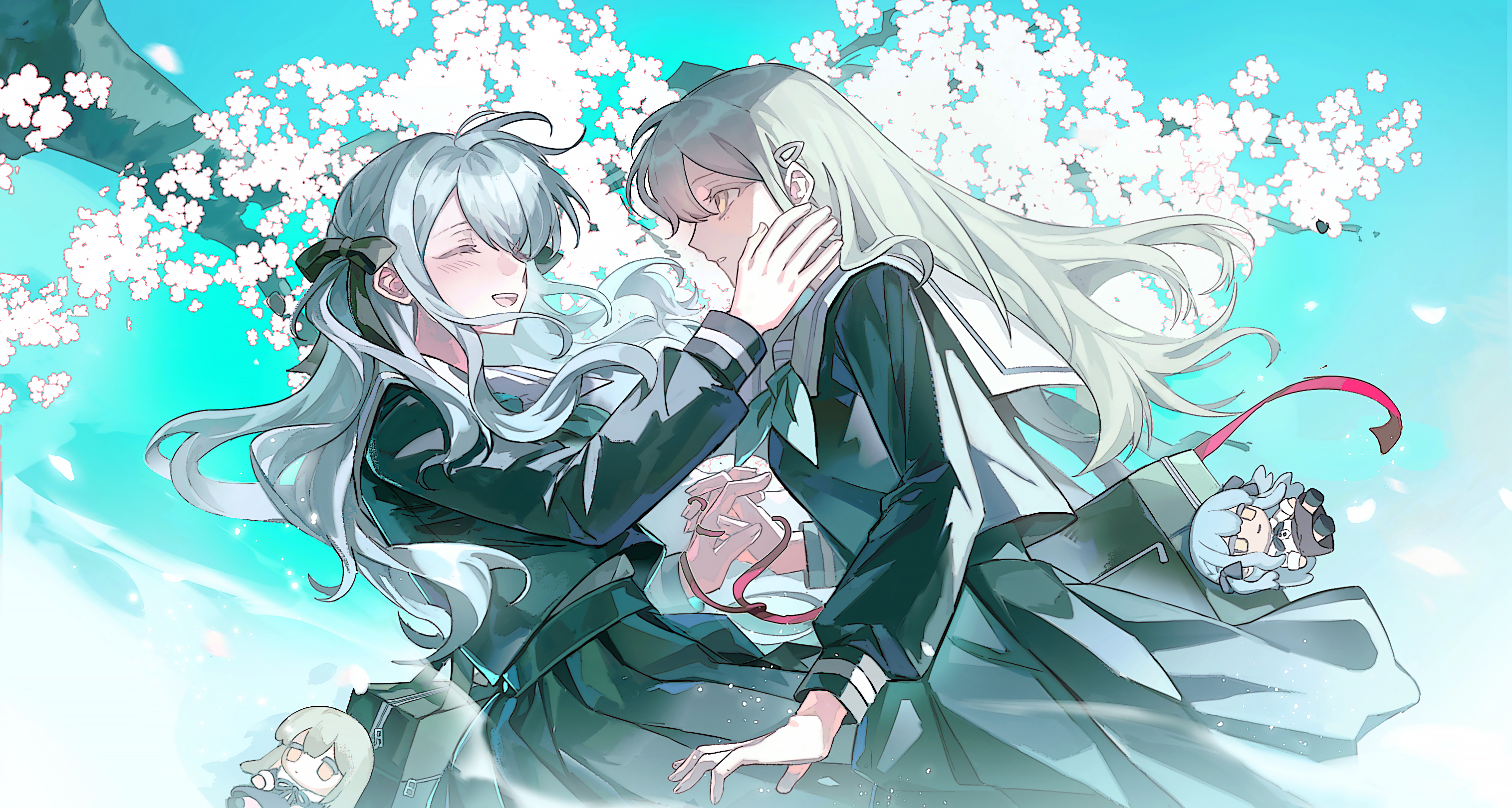 2girls :d aqua_neckerchief bag bang_dream! bang_dream!_it&#039;s_mygo!!!!! blue_hair blue_sky blush character_doll cherry_blossoms cherry_tree chinese_commentary closed_eyes cowboy_shot day doll face-to-face facing_another falling_petals floating_clothes floating_hair from_side green_hair green_ribbon green_serafuku hair_between_eyes hair_ornament hair_ribbon hairclip hand_on_another&#039;s_cheek hand_on_another&#039;s_face hand_up highres holding_hands leaning leaning_back long_hair long_sidelocks long_sleeves looking_at_another multiple_girls neckerchief open_mouth outdoors parted_lips petals pleated_skirt red_ribbon ribbon sailor_collar school_bag school_uniform serafuku sidelocks skirt sky smile string string_of_fate teeth togawa_sakiko tokinhr tsukinomori_school_uniform two_side_up upper_teeth_only wakaba_mutsumi white_sailor_collar winter_uniform yellow_eyes yuri
