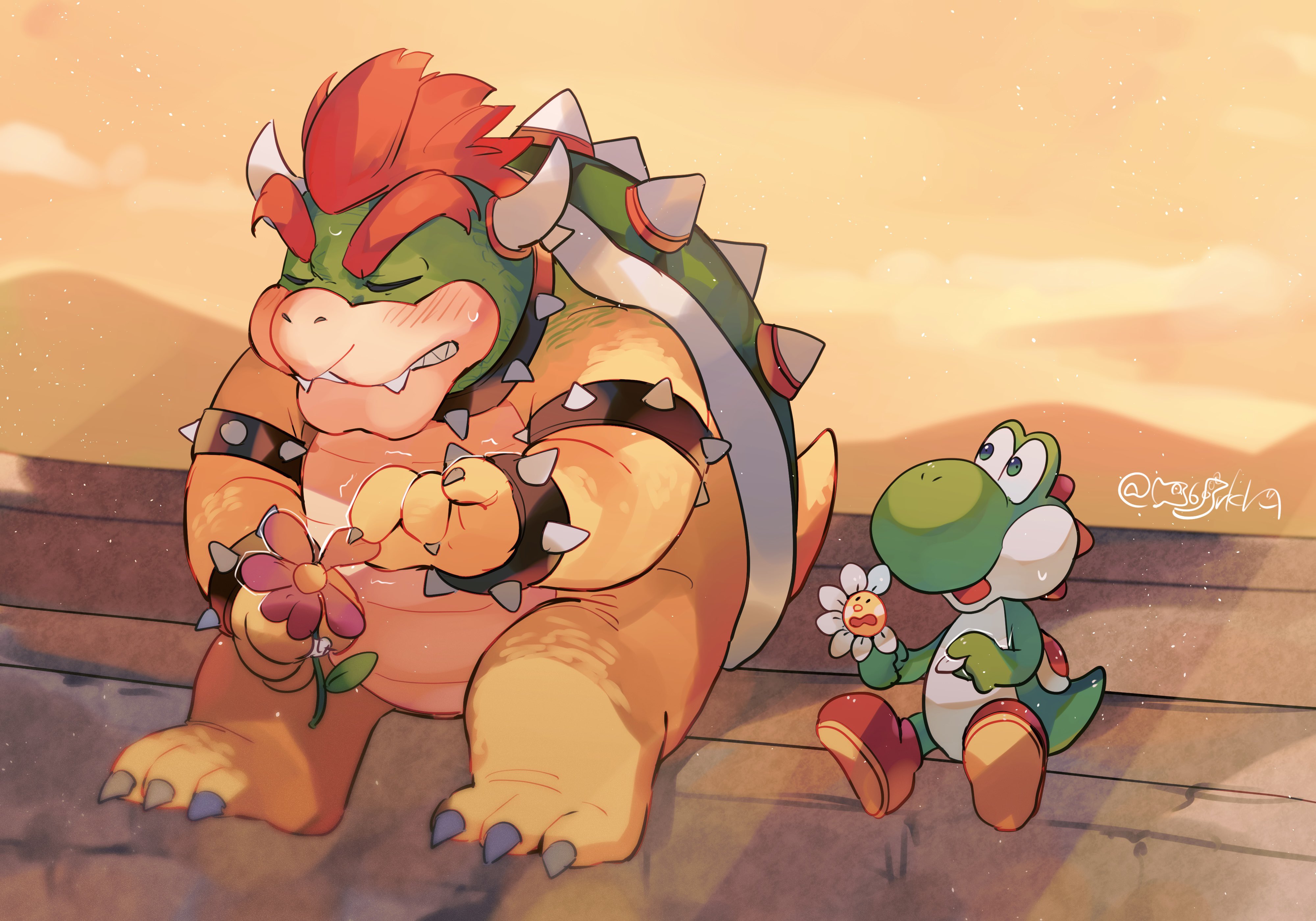 2boys absurdres armlet blush boots bowser bracelet brown_footwear closed_eyes flower hanaon highres holding holding_flower horns jewelry looking_at_another mario_(series) multiple_boys nintendo open_mouth orange_sky outdoors plucking_petals red_hair sitting sky spiked_armlet spiked_bracelet spikes super_mario_64_ds yoshi