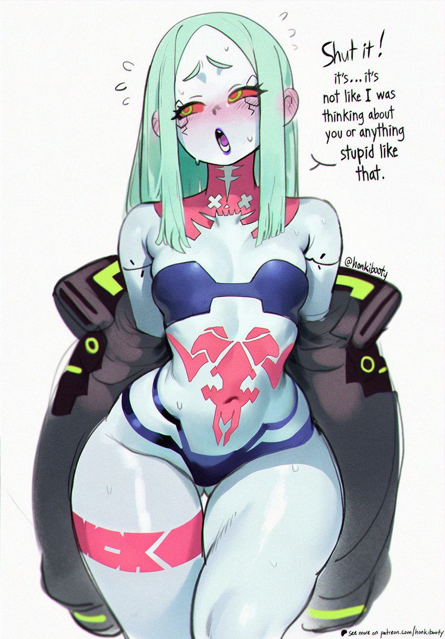 1girl :o breasts cleavage colored_sclera colored_skin cyberpunk:_edgerunners cyberpunk_(series) embarrassed english_text green_hair hair_down highres honkibooty jacket jacket_partially_removed leg_tattoo legs_together long_hair looking_back lying naked_jacket navel nipples open_mouth purple_lips rebecca_(cyberpunk) red_sclera simple_background solo standing sweat tattoo thick_thighs thighs thong undressing white_background white_skin wide_hips