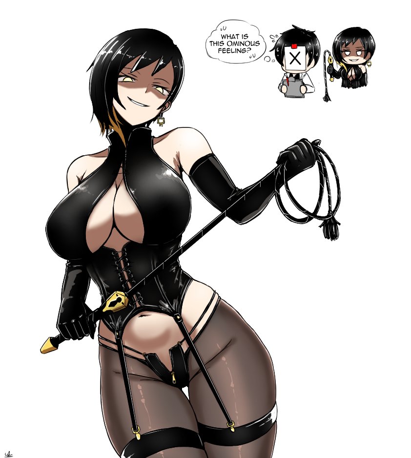 1boy 1girl binah_(project_moon) black_hair black_pantyhose breasts brown_hair cleavage cleavage_cutout clothing_cutout elbow_gloves gloves holding holding_whip lingerie lobotomy_corporation looking_at_viewer multicolored_hair navel pantyhose project_moon sleeveless sleeveless_turtleneck smile standing streaked_hair teeth thigh_strap turtleneck underwear x_(project_moon) yellow_eyes yudhistiraw86