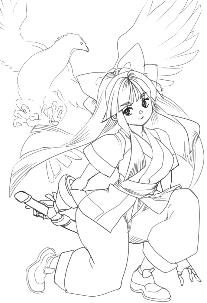 1girl ainu_clothes breasts fingerless_gloves gloves hair_ribbon kneeling kuwango large_breasts legs long_hair looking_at_viewer mamahaha monochrome nakoruru ribbon samurai_spirits sketch smile snk the_king_of_fighters thighs weapon