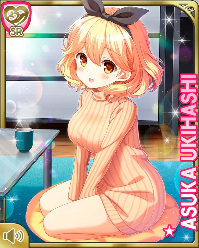 1girl bare_legs barefoot bedroom black_ribbon blonde_hair bottomless breasts brown_eyes card_(medium) cushion day girlfriend_(kari) green_tea hair_ribbon indoors medium_breasts official_art open_mouth qp:flapper ribbon short_hair sitting smile solo sweater table tagme tea ukihashi_asuka yellow_sweater