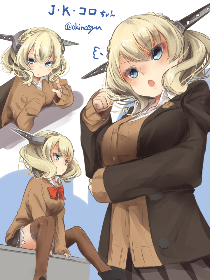 1girl :o akino_shuu arm_under_breasts between_legs black_jacket black_skirt blonde_hair blue_eyes bow braid breasts brown_cardigan brown_thighhighs cardigan closed_mouth collared_shirt colorado_(kancolle) commentary_request dress_shirt hair_between_eyes hand_between_legs jacket kantai_collection long_sleeves medium_breasts multiple_views open_clothes open_jacket open_mouth parted_lips pleated_skirt red_bow school_uniform shirt sitting skirt sleeves_past_wrists thighhighs twitter_username v-shaped_eyebrows white_shirt