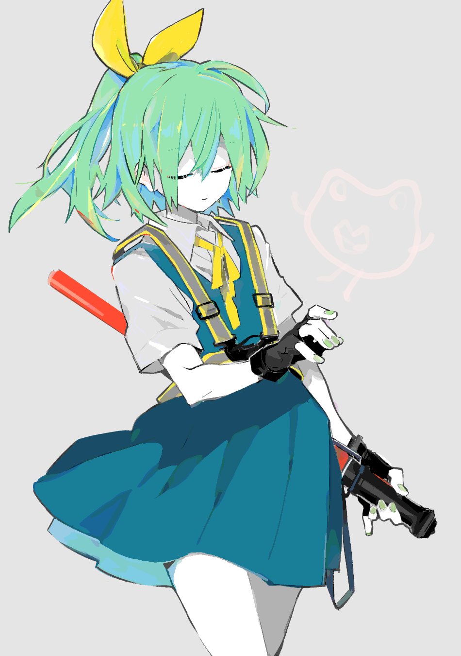 1girl 90_sik black_gloves blue_dress bow bowtie closed_eyes closed_mouth collared_shirt colored_skin commentary cookie_(touhou) cowboy_shot daiyousei diyusi_(cookie) dress expressionless fingerless_gloves fingernails flat_chest gloves green_hair green_nails grey_background hair_between_eyes hair_bow hide_(acceed) high-visibility_clothing high-visibility_vest high_ponytail highres holding long_bangs manatsu_no_yo_no_inmu medium_hair pinafore_dress ponytail reverse_grip shirt simple_background sleeveless sleeveless_dress solo symbol-only_commentary touhou traffic_baton white_shirt white_skin yellow_bow yellow_bowtie