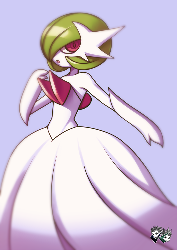 bob_cut dress elbow_gloves gardevoir gen_3_pokemon gloves green_hair jadenkaiba mega_gardevoir mega_pokemon nintendo pink_eyes pokemon pokemon_(creature) purple_background signature simple_background strapless strapless_dress white_dress white_gloves