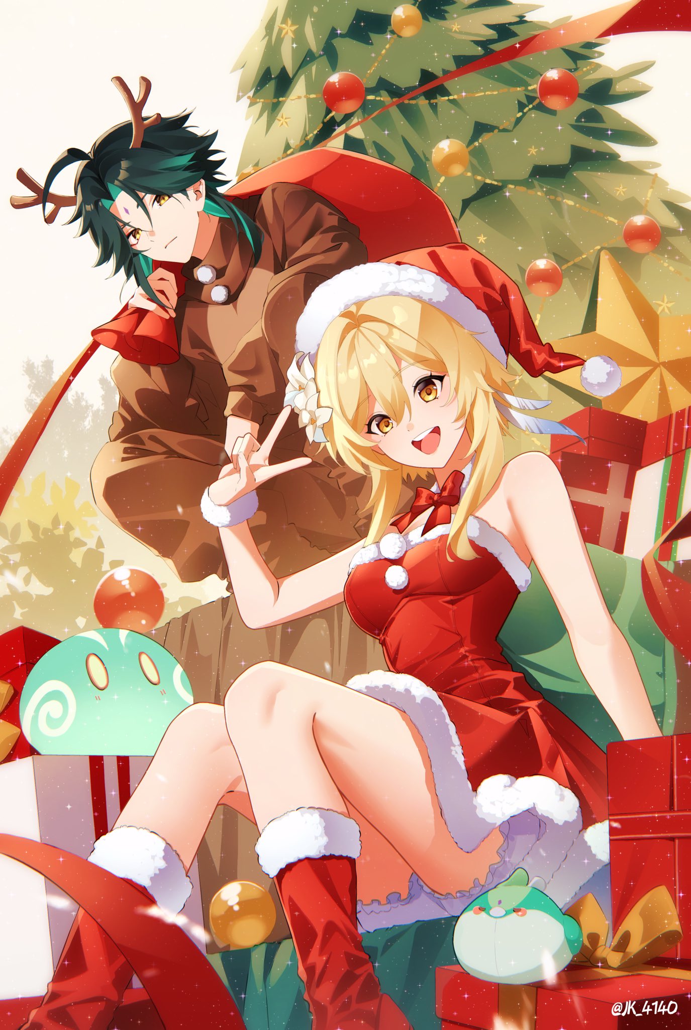 1boy 1girl anemo_slime_(genshin_impact) animal_costume antlers aqua_eyes black_hair blonde_hair blush bow bowtie box christmas christmas_tree closed_mouth deer_antlers deer_costume dress facial_mark flower forehead_mark genshin_impact gift gift_box hair_between_eyes hair_flower hair_ornament highres holding holding_sack horns jewelry jk_4140 long_hair long_sleeves looking_at_viewer lumine_(genshin_impact) multicolored_hair open_mouth red_bow red_bowtie red_dress reindeer_costume sack santa_costume santa_dress short_hair slime_(genshin_impact) smile v xiao_(genshin_impact) yellow_eyes