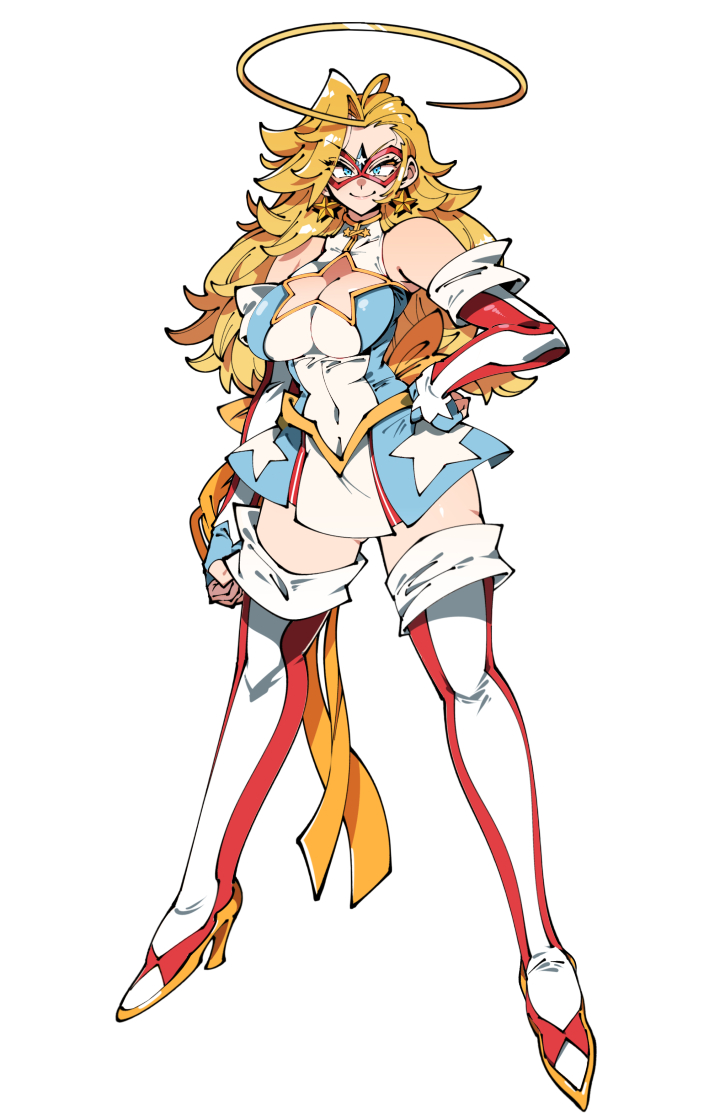 1girl arm_at_side bikini blonde_hair blue_eyes boots breasts cleavage cleavage_cutout closed_mouth clothing_cutout covered_navel earrings elbow_gloves eye_mask fingerless_gloves flag_print full_body gloves hand_on_own_hip high_heels jewelry kafun kamen_america kamen_america_(comic) large_breasts long_hair looking_at_viewer ribbon simple_background smile solo star_(symbol) star_earrings swimsuit v-shaped_eyebrows white_background yellow_boots yellow_ribbon