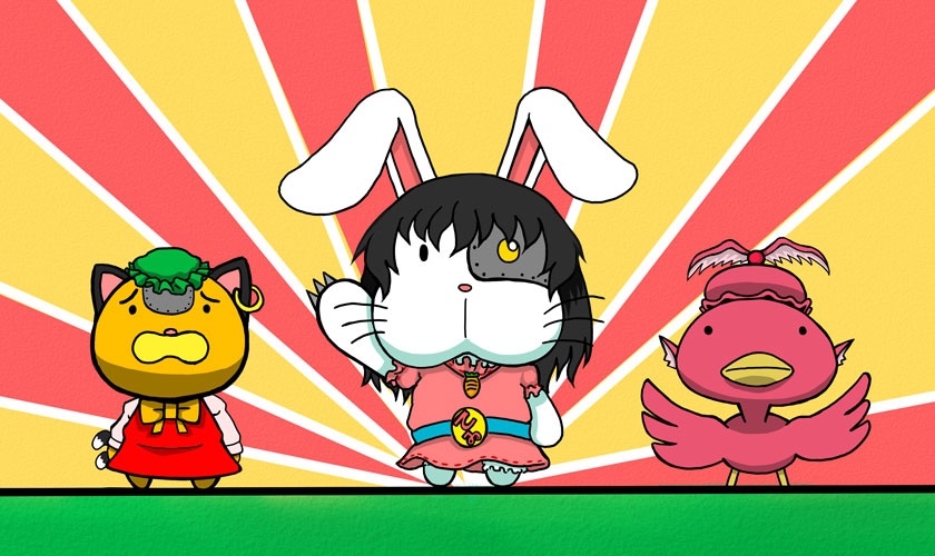 animal belt bird bow bowtie carrot_necklace cat chen clothed_animal crossover devil_neko dress earrings female_focus frills hat inaba_tewi jewelry long_sleeves looking_at_viewer macedonian_flag mob_cap multiple_tails mystia_lorelei necklace no_humans p-chan_kai parody rabbit short_sleeves standing sunburst tail tentai_senshi_sunred touhou usakotsu winged_hat