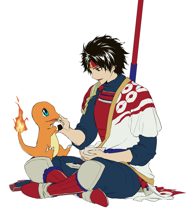 armor black_hair blue_eyes brown_eyes charmander crossed_legs feeding fire food gen_1_pokemon headband japanese_clothes nintendo onigiri parted_bangs poke_ball_print pokemon pokemon_conquest pokemon_on_leg polearm sanada_yukimura sanada_yukimura_(sengoku_musou) sengoku_musou sitting spear weapon