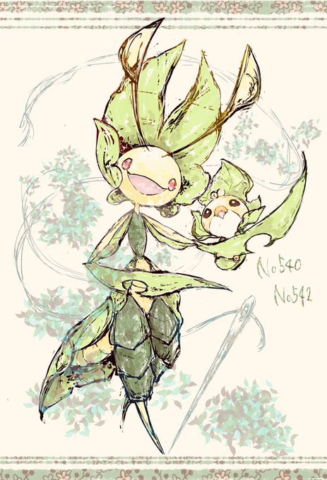 animal_focus antennae bwmtk1110 evolutionary_line gen_5_pokemon leavanny nintendo no_humans open_mouth pokemon pokemon_(creature) red_eyes sewaddle smile standing