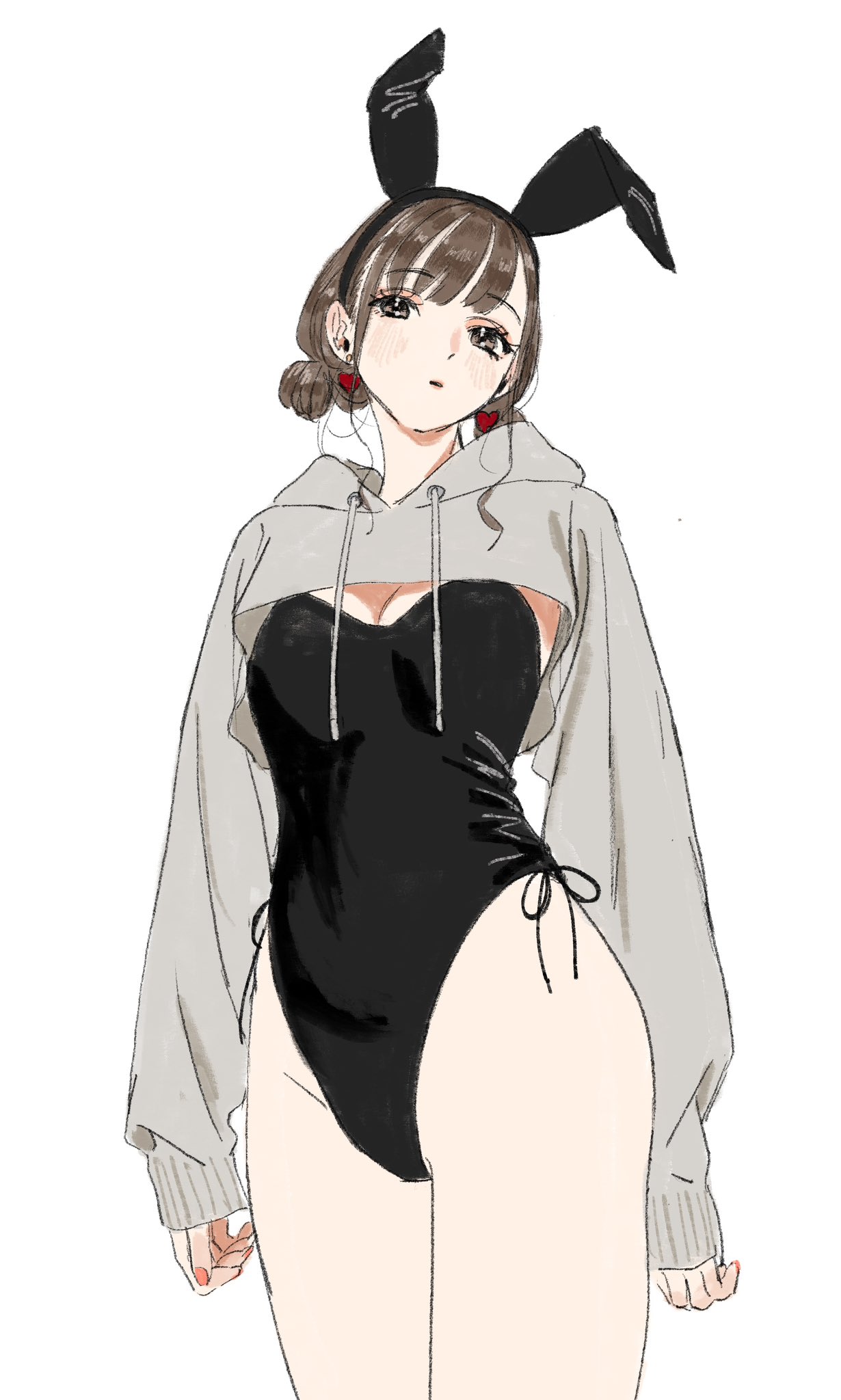 1girl animal_ear_headband animal_ears ass black_leotard breasts brown_eyes brown_hair brown_hoodie cleavage clothes_lift cowboy_shot double_bun earrings fake_animal_ears fake_tail full_body gomibako_(gomibako_price) hair_bun heart heart_earrings high_heels highleg highleg_leotard highres hood hoodie hoodie_lift jewelry leotard long_sleeves looking_at_viewer loose_hair_strand original pink_lips pink_nails playboy_bunny rabbit_ears rabbit_tail red_footwear seiza sidelocks simple_background sitting sleeves_past_wrists solo tail thighs white_background