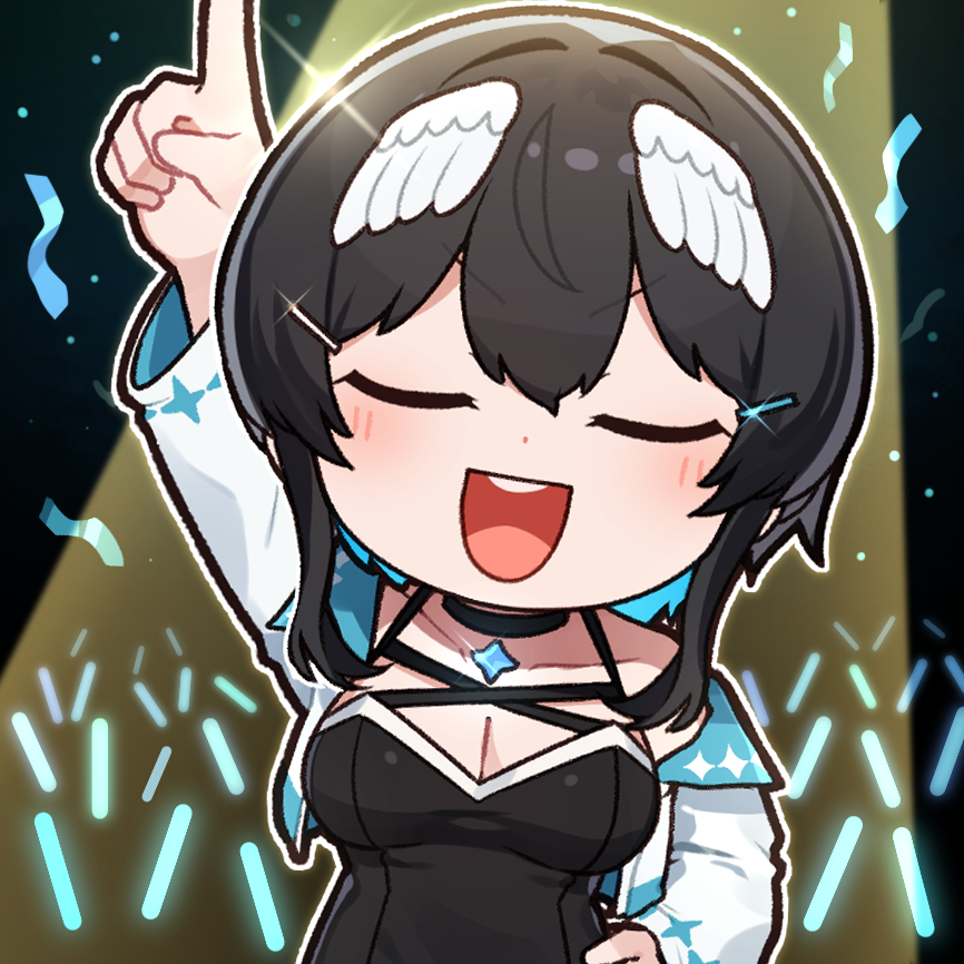 1girl :d arm_up bare_shoulders black_choker black_dress black_hair blue_hair blush breasts chibi choker cleavage closed_eyes collarbone commentary_request cropped_jacket dress feathered_wings glint glowstick hair_ornament hairclip head_wings index_finger_raised indie_virtual_youtuber jacket kurata_rine kurata_rine_(vtuber) long_sleeves medium_breasts multicolored_hair open_clothes open_jacket open_mouth round_teeth smile solo teeth two-tone_hair upper_body upper_teeth_only virtual_youtuber white_jacket white_wings wings