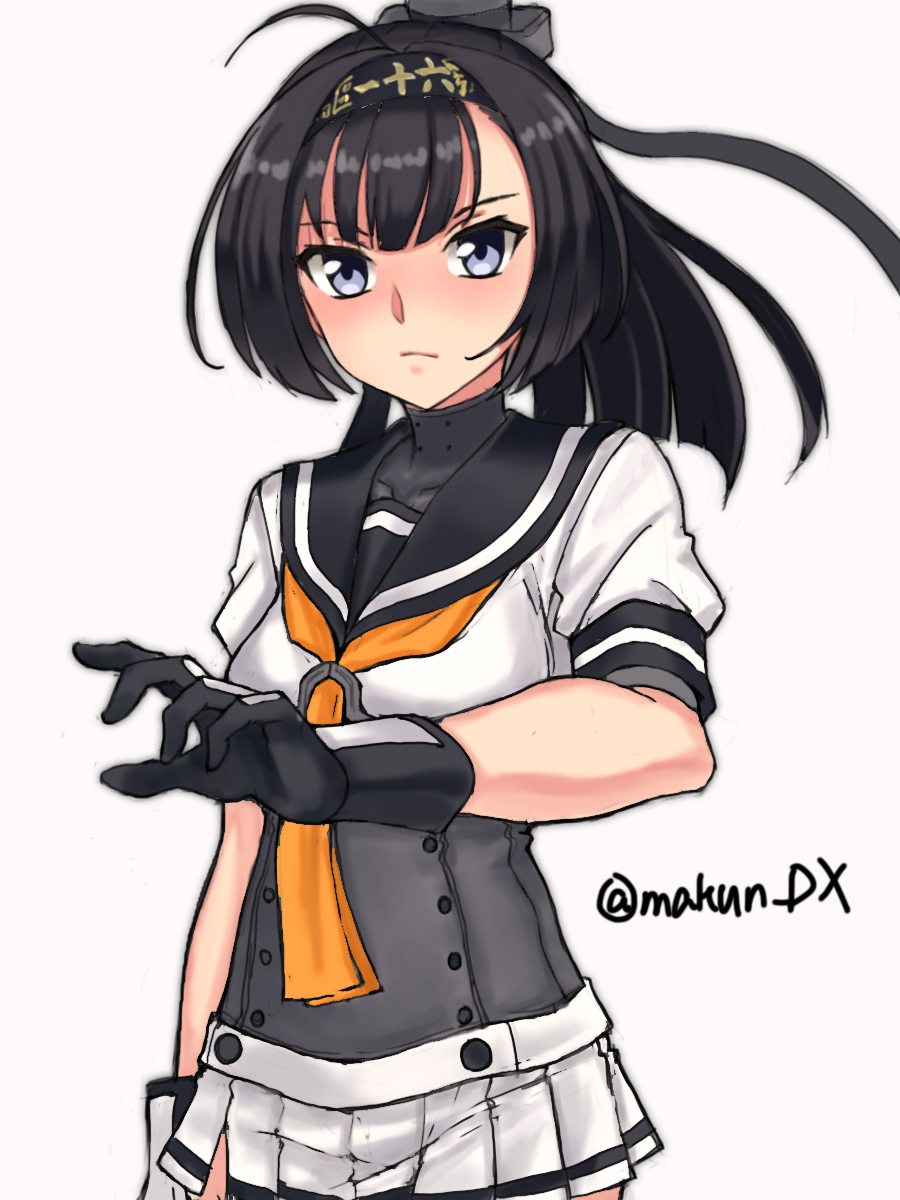 1girl akizuki_(kancolle) black_gloves black_hair black_headband black_sailor_collar clothes_writing corset gloves grey_eyes headband headgear highres kantai_collection maakun_(makun_dx) neckerchief one-hour_drawing_challenge orange_neckerchief pleated_skirt ponytail sailor_collar sailor_shirt shirt short_sleeves simple_background skirt solo twitter_username white_background white_shirt white_skirt