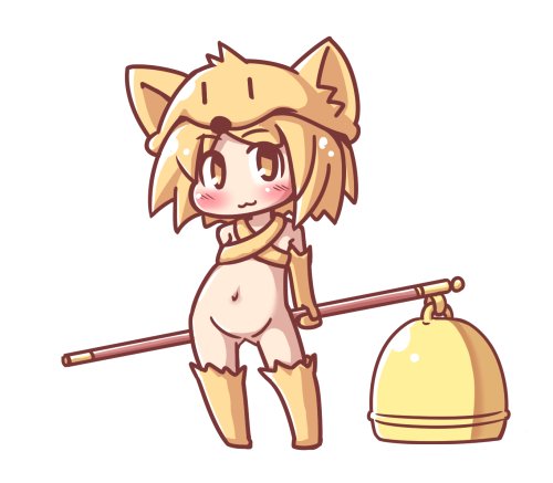 1girl :3 animal_feet animal_hands bell blonde_hair blush bottomless bra chibi closed_mouth criss-cross_halter fox_girl fox_hat full_body halterneck holding holding_staff looking_at_viewer lowres maitora moonlight_flower navel no_pussy ragnarok_online short_hair simple_background smile solo staff underwear white_background yellow_bra