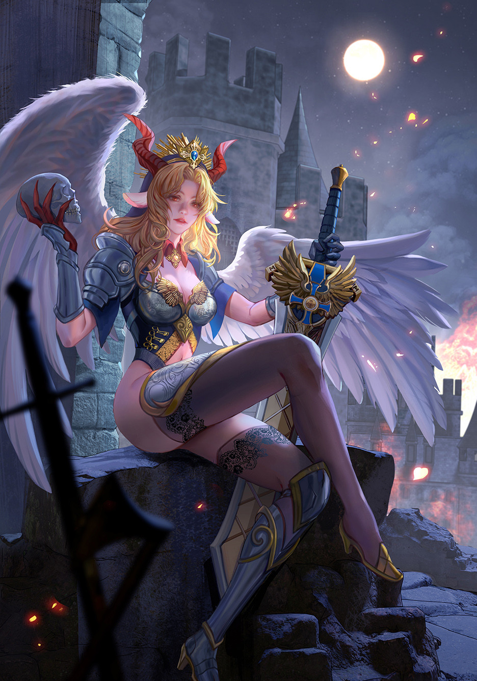1girl angel angel_wings animal_ears armor asymmetrical_gloves black_gloves black_thighhighs blonde_hair breasts castle cleavage commentary cover crossed_legs crown demon demon_girl demon_horns english_commentary fan_yang_(jiuge) feathered_wings fire fire forehead full_body gloves gold_trim greaves hand_up high_heels highres holding holding_skull holding_sword holding_weapon hood hood_up horns lace lace-trimmed_legwear lace_trim long_hair looking_at_viewer medium_breasts moon navel night night_sky original outdoors parted_lips red_eyes red_gloves ruins shoulder_armor single_greave skull sky solo sparks sparkle sword thighhighs thighs uneven_gloves weapon white_wings wings