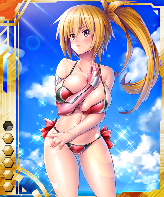 1girl asahi beach bikini blonde_hair breasts card_(medium) card_(orange-ur) card_(ur) cleavage curvy donna_barows female_focus huge_breasts lilith-soft long_hair looking_at_viewer navel ponytail purple_eyes shiny_skin sky solo swimsuit taimanin_(series) taimanin_asagi taimanin_asagi_battle_arena_all_card_gallery taimanin_asagi_kessen_arena