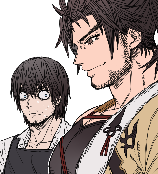 2boys adventurer_(ff14) apron bara black_apron black_hair brown_eyes closed_mouth facial_hair final_fantasy final_fantasy_xiv from_side girl_staring_at_guy&#039;s_chest_(meme) hien_rijin hyur large_pectorals long_hair looking_at_another looking_at_pectorals male_focus meme multiple_boys muscle_envy muscular muscular_male pectoral_focus pectorals samurai_(final_fantasy) shirt short_hair simple_background smile upper_body warrior_of_light_(ff14) white_background white_shirt zanki