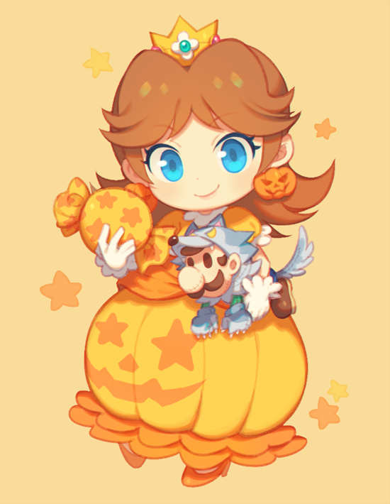 1boy 1girl blue_eyes brooch brown_hair candy crown dress earrings flipped_hair flower_brooch food food-themed_earrings food_themed_earrings frilled_gloves frills gloves halloween_costume holding holding_candy holding_food holding_stuffed_toy jewelry long_hair looking_at_viewer luigi mario_(series) nintendo official_alternate_costume orange_dress orange_shoes parted_bangs princess_daisy princess_daisy_(halloween) puffy_short_sleeves puffy_sleeves pumpkin_earrings shoes short_sleeves simple_background smile star_(symbol) stuffed_toy white_gloves wusagi2