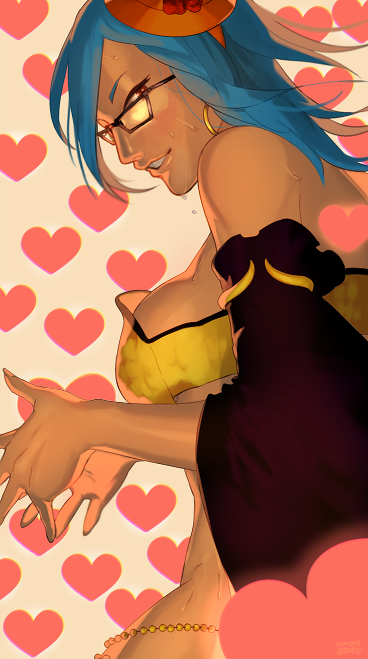 1girl bikini black-framed_eyewear black_sleeves blue_hair breasts commentary dark-skinned_female dark_skin detached_sleeves earrings english_commentary from_behind glasses gypsy_(ragnarok_online) heart heart_background highres hoop_earrings jewelry large_breasts long_hair looking_at_viewer looking_back memoryjoule ragnarok_online red_eyes solo strapless strapless_bikini swimsuit upper_body yellow_bikini